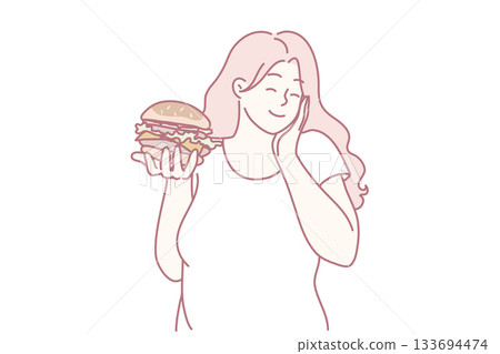 happy woman eating sandwich pleasure, woman thoughtfully holding burger with delightfully happy expression happy woman eating sandwich pleasure, woman thoughtfully holding burger with delightfully happy expression 133694474