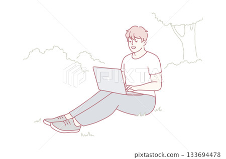 Peaceful student working under tree, Casual young adult engaged in outdoor digital learning session Peaceful student working under tree, Casual young adult engaged in outdoor digital learning session 133694478
