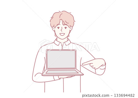 Business professional actively displaying application interface in modern workspace setting Business professional actively displaying application interface in modern workspace setting 133694482