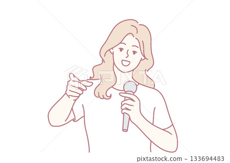 energetic woman with microphone, vibrant female presenter capturing audience attention, lively female content creator delivering enthusiastic presentation to captivate viewers 133694483