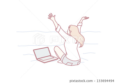 woman cheers with laptop outside, individual celebrating digital achievement by shore with open arms 133694494