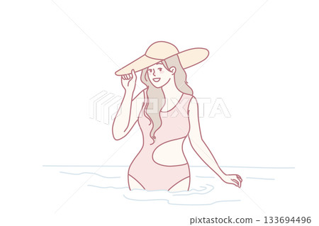Smiling woman in swimsuit in sea Smiling woman in swimsuit in sea 133694496