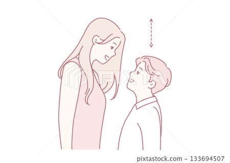 adult and child engaging in cheerful height comparison scene, whimsical drawing showcasing grownup and child playfully assessing height differences with loving interaction adult and child engaging in cheerful height comparison scene, whimsical drawing showcasing grownup and child playfully assessing height differences with loving interaction 133694507