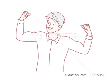 Happy man celebrates achievement confidently, Elated individual lifts arms after successful presentation Happy man celebrates achievement confidently, Elated individual lifts arms after successful presentation 133694519