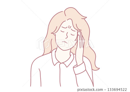 woman with headache, seeking relief from severe pain, indoor scene showing headache and discomfort 133694522