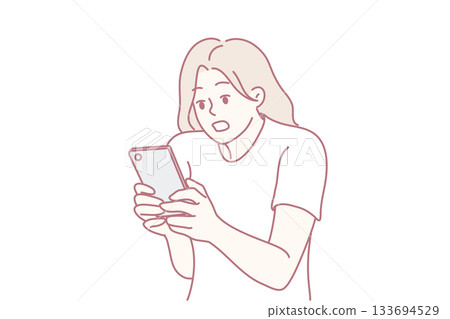 joyful woman reacts, excited female individual shows delight upon receiving update notification, woman exudes joy and enthusiasm while reacting positively to recent message alert 133694529