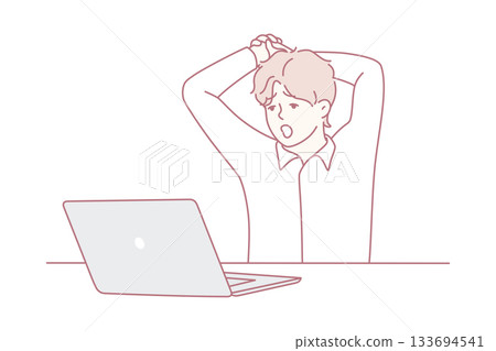 Man struggles with urgent tasks, Home office scene with stressed individual facing urgent notifications Man struggles with urgent tasks, Home office scene with stressed individual facing urgent notifications 133694541