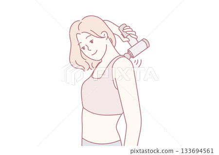 Female athlete resting after training session, Healthy woman with towel showing satisfaction postexercise 133694561