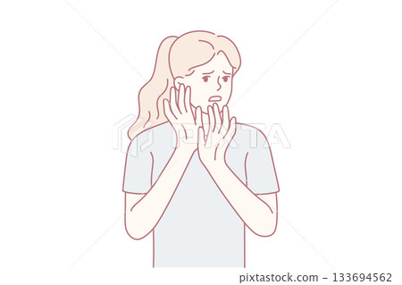 Expressive surprised woman, Delicate hands hide shocked face, Freelancer reacts to sudden unexpected news Expressive surprised woman, Delicate hands hide shocked face, Freelancer reacts to sudden unexpected news 133694562