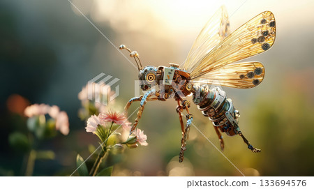 A futuristic mechanical bee hovering over flowers, cyber insect pollination in a sunlit garden A futuristic mechanical bee hovering over flowers, cyber insect pollination in a sunlit garden 133694576