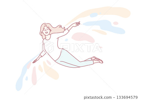 Smiling girl flying on colorful wings 133694579