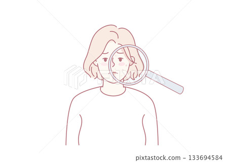 Unhappy woman with acne on face skin Unhappy woman with acne on face skin 133694584