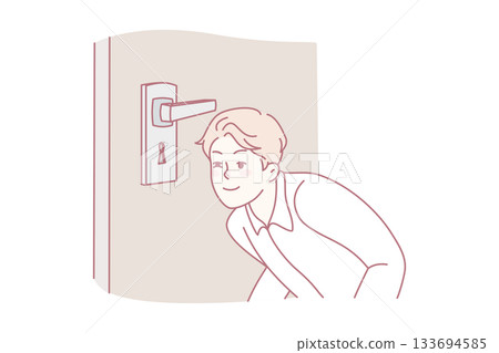 eavesdropping through door, alert person cautiously observing through narrow door opening in home 133694585