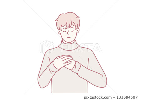 serene person enjoying tea, peaceful figure with warm beverage, relaxed individual cradling hot drink in tranquility, calm person gently holding warm cup with mindful composure in simple art 133694597