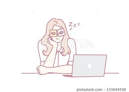 fatigued woman taking break during evening study session amid soft pastels and simple workspace 133694598