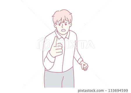 Furious individual exhibits aggressive signals, Man shows rage using gestures and stern facial expression Furious individual exhibits aggressive signals, Man shows rage using gestures and stern facial expression 133694599