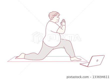 person performing hip stretch on mat, remote worker executing guided lunge and mobility exercises 133694611