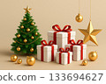 Sparkling Christmas tree with gold ornaments 133694627