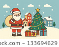 Santa Claus spends Christmas in front of a snow-covered house on Christmas night 133694629