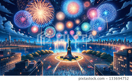 自由女神像和觀看新年倒數煙火的人們 自由女神像和觀看新年倒數煙火的人們 133694752