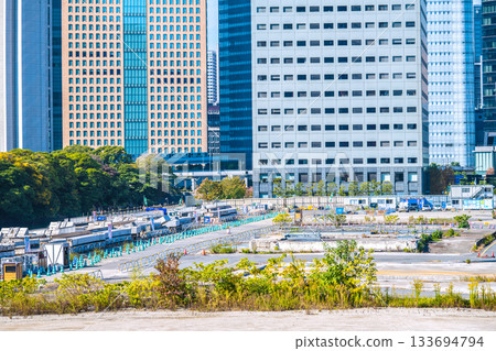 Tokyo cityscape in Japan: View of the Shiodome buildings and the former Tsukiji Market (6) including the temporary access road and removal of the upper structure of the loading pier 133694794
