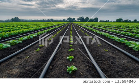 戶外蔬菜種植行和灌溉軟管的幾何形狀 133694840