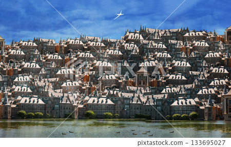 Collage with city buildings against a background of blue sky and a flying airplane 133695027