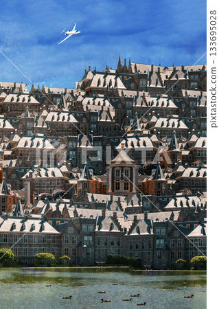 Collage with city buildings against a background of blue sky and a flying airplane 133695028