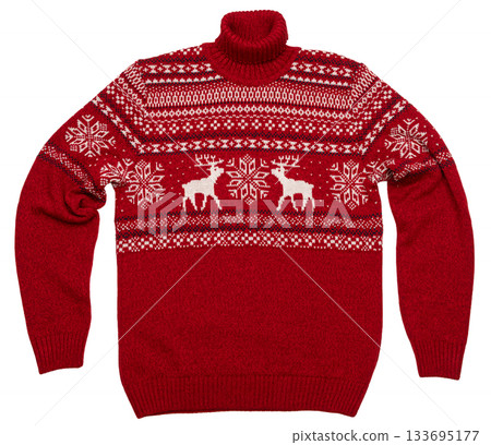Red Christmas sweater flat lay isolated on white 133695177