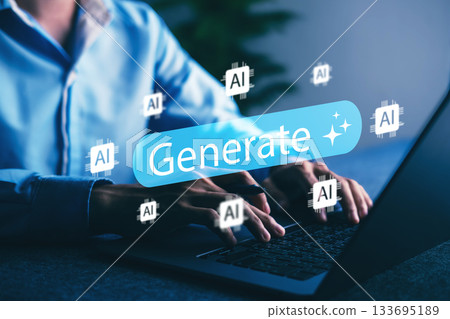 Modern AI content generation concept with user interacting on laptop, surrounded by AI icons, symbolizing automated technology for efficient digital solutions. 133695189