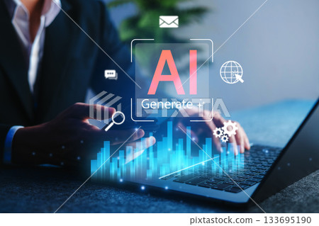 AI, Artificial intelligence generating data and insights concept, showing business person using laptop and smartphone, highlighting AI tools and analytics in a modern digital workspace. 133695190
