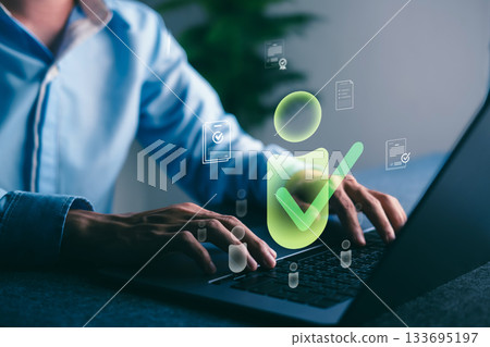 User verification concept showing person icon with green checkmark, symbolizing digital identity authentication and secure access. 133695197