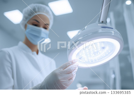 A female doctor in a mask and gloves adjusts a surgical lamp before surgery A female doctor in a mask and gloves adjusts a surgical lamp before surgery 133695385