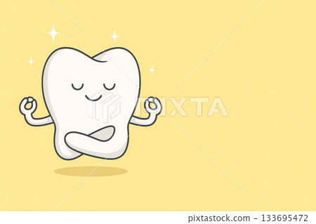 Smiling cartoon tooth meditating in lotus pose on yellow background, dental hygiene. wellness concept illustration for kids. Smiling cartoon tooth meditating in lotus pose on yellow background, dental hygiene. wellness concept illustration for kids. 133695472