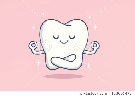 Cute cartoon tooth meditating in yoga pose on pink background, dental health hygiene mascot for kids, dental care concept Cute cartoon tooth meditating in yoga pose on pink background, dental health hygiene mascot for kids, dental care concept 133695473