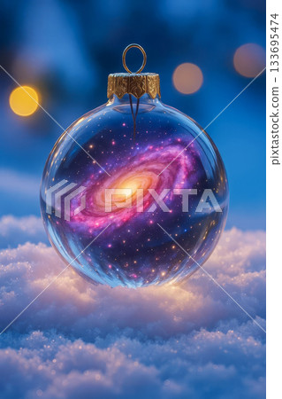 Glass Christmas bauble with glowing spiral galaxy inside on snowy background, cosmic holiday concept with stars blue bokeh light Glass Christmas bauble with glowing spiral galaxy inside on snowy background, cosmic holiday concept with stars blue bokeh light 133695474