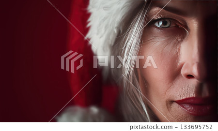 Close up of woman in Santa hat with serious expression 133695752