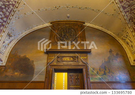 Art Nouveau wood carving and mural in Prague building Art Nouveau wood carving and mural in Prague building 133695780
