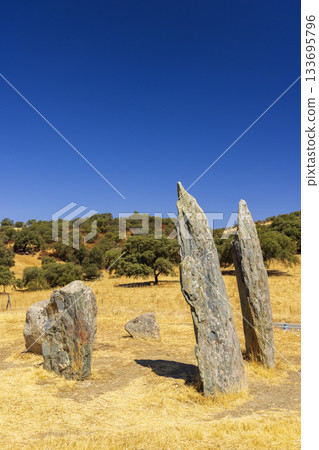 Ancient menhirs standing in Andalucian dry landscape Ancient menhirs standing in Andalucian dry landscape 133695796