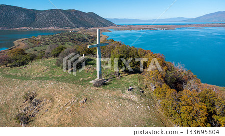 Prespa National Park. Greece. Agios Achillios. Cross. Amazing Lake. Drone Shot Prespa National Park. Greece. Agios Achillios. Cross. Amazing Lake. Drone Shot 133695804