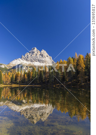 Tre Cime di Lavaredo mountain reflected in autumn lake 133695817