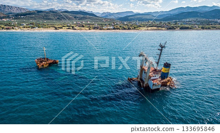 Manassa Rose Shipwreck. Crete. Greece. Aerial Shot. Cargo Ship. Coastline. Manassa Rose Shipwreck. Crete. Greece. Aerial Shot. Cargo Ship. Coastline. 133695846