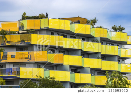 Modern architecture building with colorful balconies in Montpellier, France Modern architecture building with colorful balconies in Montpellier, France 133695920
