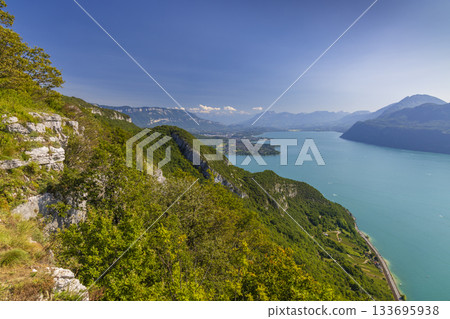 Lake Bourget and Alps mountains from Entrelacs viewpoint Lake Bourget and Alps mountains from Entrelacs viewpoint 133695938