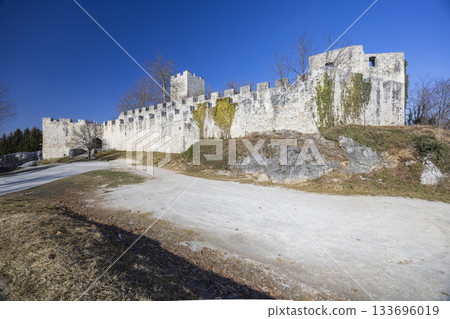 Old stone castle walls in Celje, Slovenia 133696019