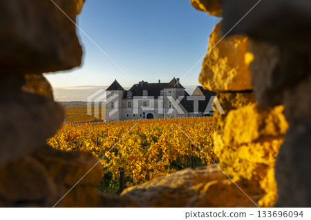 Chateau de Vougeot framed by wall viewing autumn vineyard Chateau de Vougeot framed by wall viewing autumn vineyard 133696094