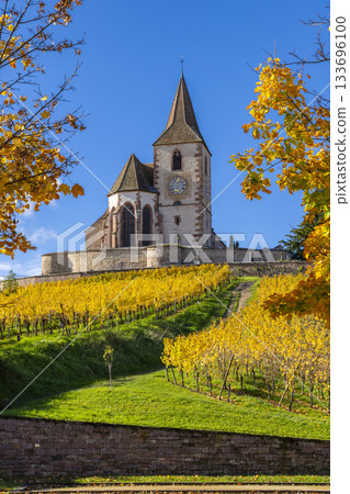 Hunawihr church and autumn vineyards in Alsace, France Hunawihr church and autumn vineyards in Alsace, France 133696100
