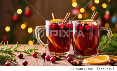 Christmas mulled wine with oranges, cranberries, cinnamon and star anise in glass mugs on wooden table with holiday tree lights behind. 133696101
