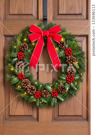 Christmas wreath with pine branches, red berries, pine cones and red bow hanging on wooden door. Traditional holiday decoration concept. Christmas wreath with pine branches, red berries, pine cones and red bow hanging on wooden door. Traditional holiday decoration concept. 133696113