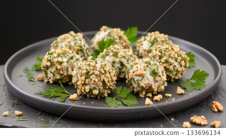 Cheese balls coated in crushed nuts and fresh herbs served on a dark plate, elegant appetizer presentation for parties or festive occasions. 133696134